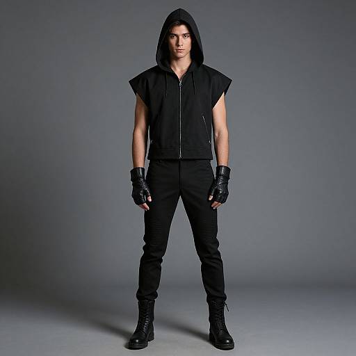 Photograph of a young man with dark skin, wearing a black hooded vest, sleeveless shirt, black pants, gloves, and boots, standing