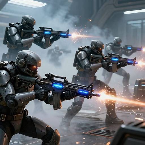 CGI image of four futuristic, armored soldiers in a smoky, industrial setting, firing glowing blue and orange laser rifles.