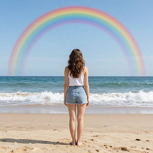 Woman by Beach with Rainbow