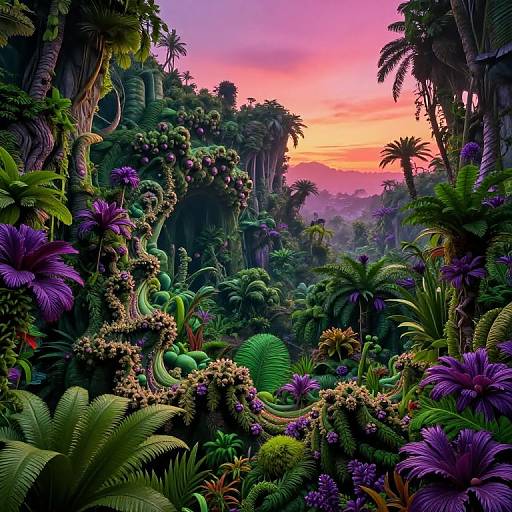 Vibrant digital painting of a lush, fantastical jungle at sunset, filled with vivid purple and green plants, towering trees, and a colorful pink