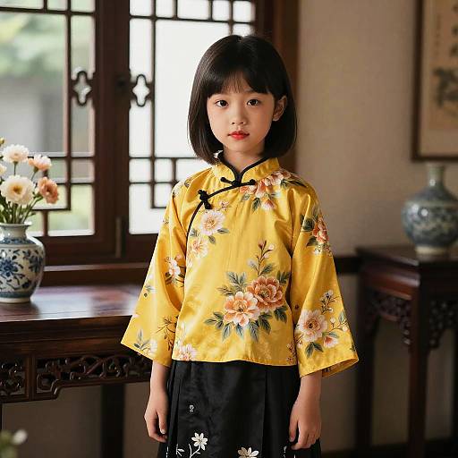 Photograph of an Asian girl with short black hair, wearing a yellow floral silk blouse and black pants, standing in a traditional wooden room with floral v