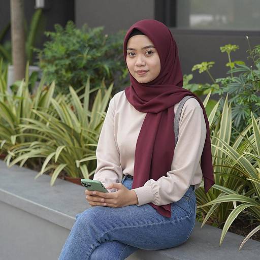 Young Asian Woman in Maroon Hijab
