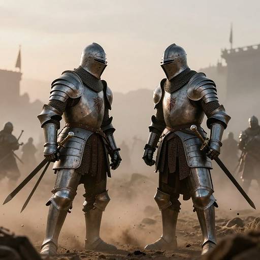 Photorealistic CGI of two armored knights with swords, standing in dusty battlefield, backlit by a glowing sunrise, surrounded by fellow soldiers.