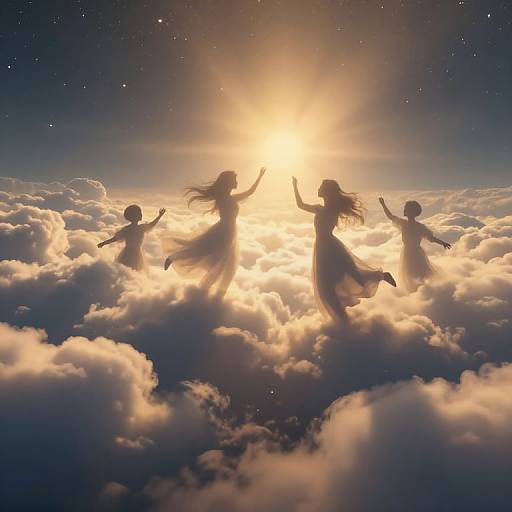Digital art: Silhouetted four women with flowing dresses and raised arms dancing among radiant, glowing clouds at sunrise, set against a starry sky