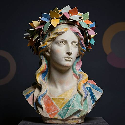 Photograph of a colorful mosaic bust with a wavy, multicolored hair and a vibrant, geometric crown against a dark background.