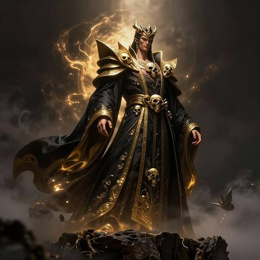 Digital artwork of a powerful, dark-clad king with gold-embellished armor, crowned with fiery, glowing horns, standing on rocky terrain.