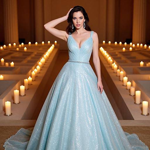 Photograph of a dark-haired woman in a sparkling light blue, deep V-neck ball gown, standing in a candlelit, elegant hall.
