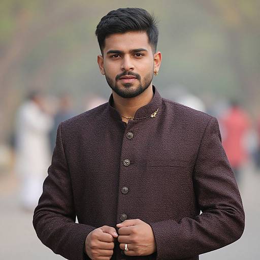 Photograph of a handsome, bearded Indian man with dark hair, wearing a brown button-up shirt, gold earrings, and rings, standing outdoors with