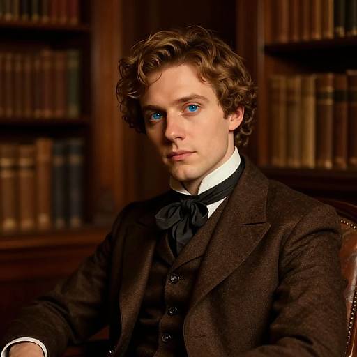 Photograph of a young, Caucasian man with curly brown hair and striking blue eyes, wearing a brown tweed suit, black bow tie, and white