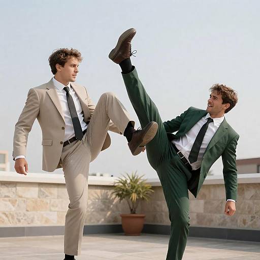 Rooftop Duel: Suited Combatants in Action