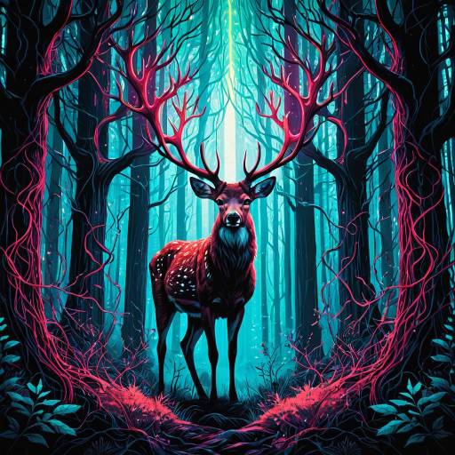 Neon Spirit Deer in Enchanted Forest