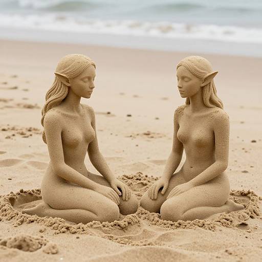 Photorealistic CGI of two sand-statue elves kneeling nude on a sandy beach, facing each other, with ocean waves in background.