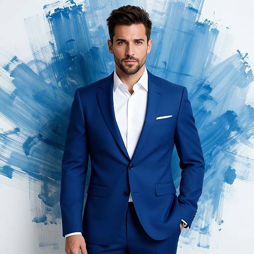 Photograph of a handsome man with short brown hair and beard, wearing a navy blue suit, white shirt, and blue abstract background.