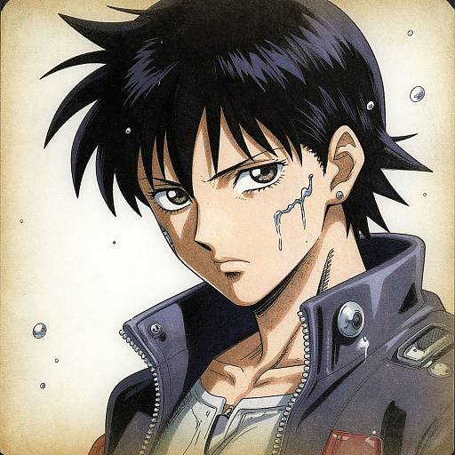 Anime-style digital drawing of a serious, black-haired young man with a scar on his cheek, wearing a dark jacket with red accents. White background,
