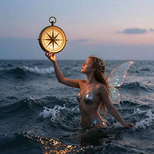Photograph of a fairy-like woman in a silver bikini, with glowing wings, holding a glowing compass in the ocean at sunset.