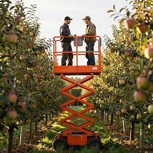 Worker on Hydraulic Lift in Orchard