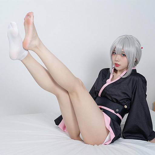 Playful Cosplayer in Kimono Pose