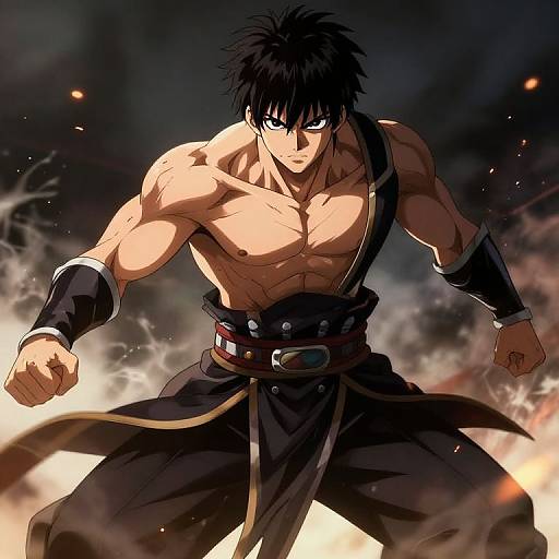 Muscular anime man with black spiky hair, intense expression, bare chest, black pants, and arm bands, standing in fiery, smoky background