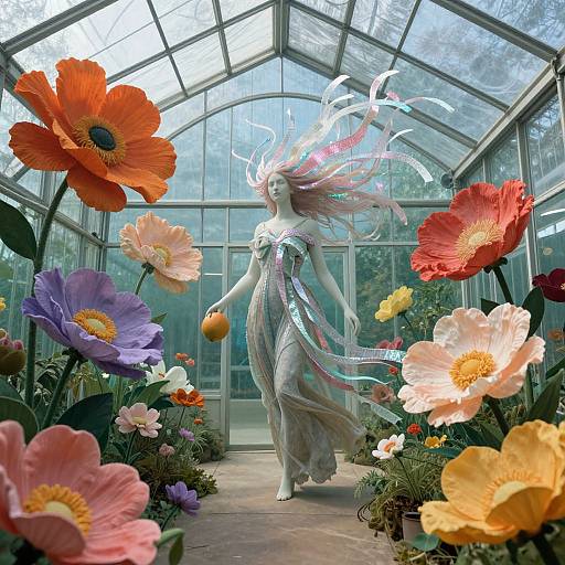 Photograph of a translucent, ethereal woman with flowing pink hair, wearing a silver, reflective dress, walking through a glass greenhouse filled with vibrant,