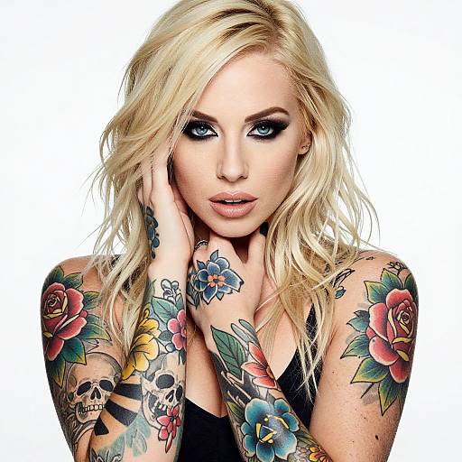 Tattooed Blonde Woman with Intense Eyes