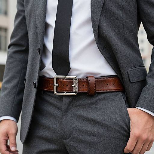 Photograph of a man in a dark gray suit, white shirt, black tie, and brown leather belt with a silver buckle.