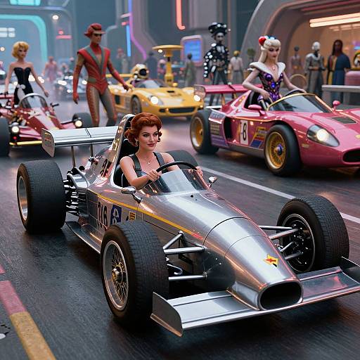Digital art of a neon-lit, futuristic race track featuring a silver Formula car driven by a red-haired woman, surrounded by diverse racers in vibrant