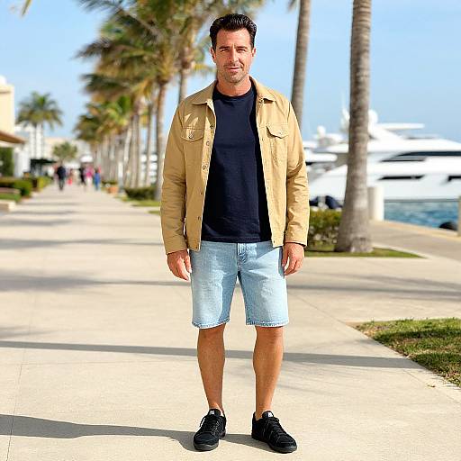 Photograph of a muscular, medium-build man with short dark hair, tan jacket, black shirt, light blue shorts, and black shoes, standing on