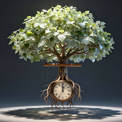 Photograph of a surreal tree with green leaves, clock face for trunk, and wooden shelf, set against a dark gradient background.