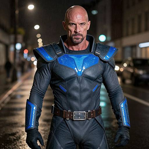 Photograph of a bald, muscular man in a black, blue-accented superhero suit with glowing shoulder pads, standing on a rainy city street at