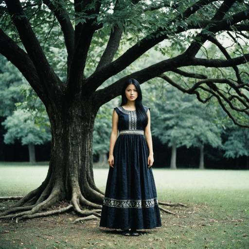 Woman in Traditional Dress Standing by Tree