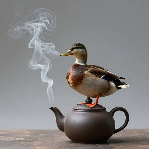 Photograph of a realistic duck with smoky breath standing on a black, matte teapot against a gradient gray background.
