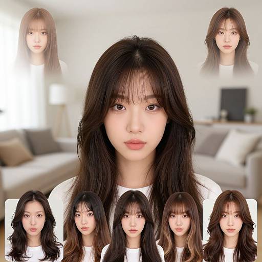Photographic collage of an East Asian woman with long, straight black hair, wearing white tops, in a bright living room. Multiple headshots surround the