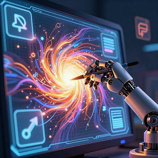 Photograph of a robotic telescope pointing at a vivid, colorful, swirling vortex on a computer screen displaying musical notes.