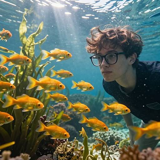 Underwater photograph of a young man with curly brown hair and black glasses, wearing a dark shirt, surrounded by vibrant yellow fish and green plants in a