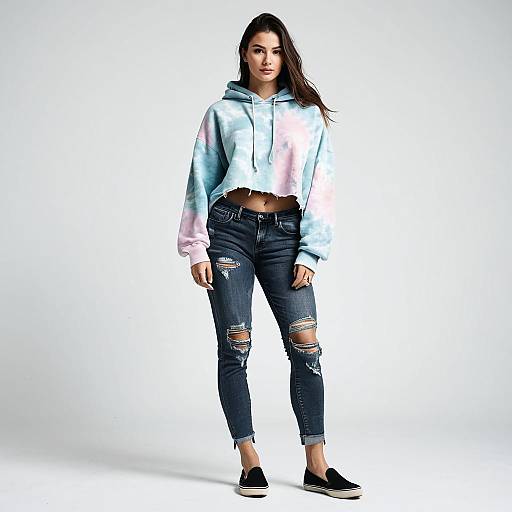 Stylish woman in tie-dye hoodie and ripped jeans