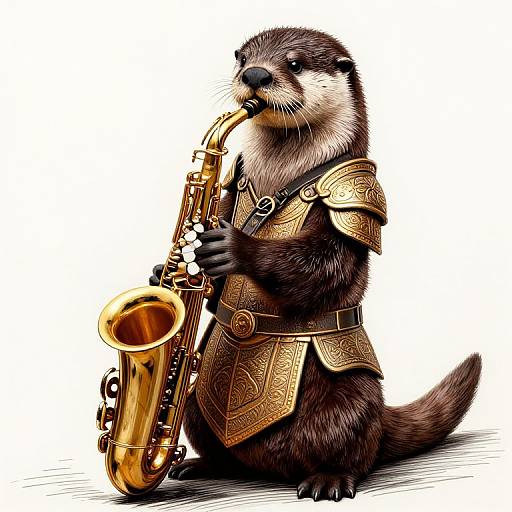 Digital illustration of an armored otter playing a golden saxophone, standing upright, with detailed, ornate armor and a white background.