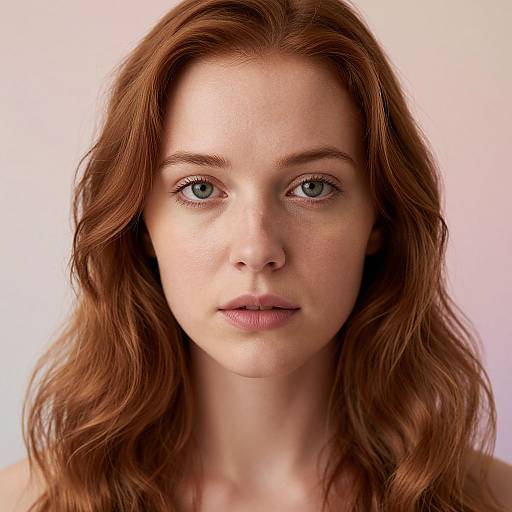 Close-up photograph of a fair-skinned, blue-eyed redhead woman with wavy hair, freckles, and pink lips, set against a soft