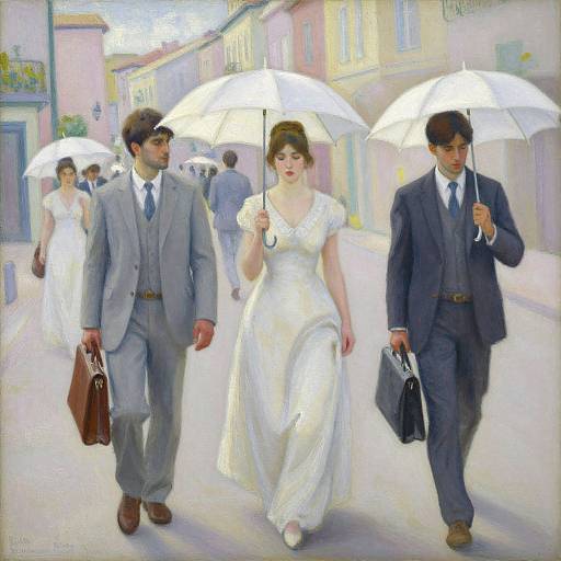 Impressionist-style painting of a couple in white wedding attire, holding umbrellas, walking down a pastel-colored street with other dressed guests.
