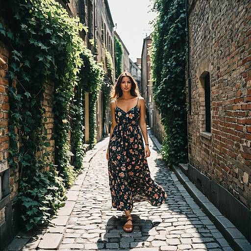 Woman in Floral Maxi Dress Walking in European Alley