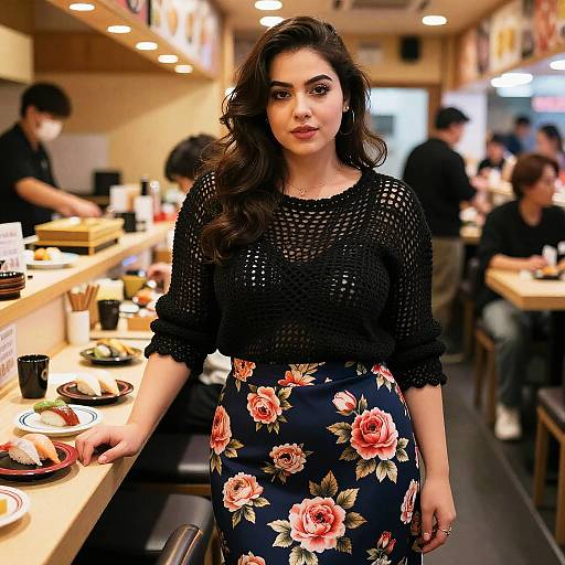 Confident Woman at Vibrant Sushi Bar