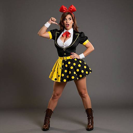 Photograph of a woman in a retro black and yellow polka dot skirt, white blouse, red bow, black jacket, brown boots, posing confidently