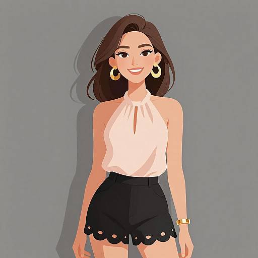 Digital illustration of a smiling woman with brown hair, wearing a white halter top, black high-waisted skirt, gold hoop earrings, and bracelet