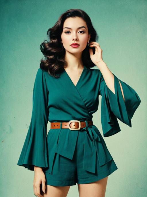 Woman in Deep Green Wrap Blouse and Paperbag Waist Shorts
