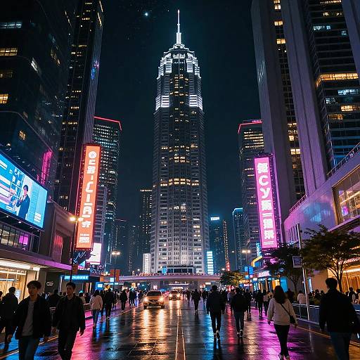 Photograph of a vibrant, neon-lit city street at night, featuring a tall illuminated skyscraper, crowds, colorful digital billboards, and reflective