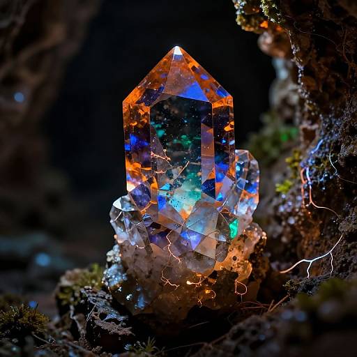 Photograph of a glowing, multi-colored crystal pyramid adorned with LED lights, set on a mossy rock with dark, blurred background.