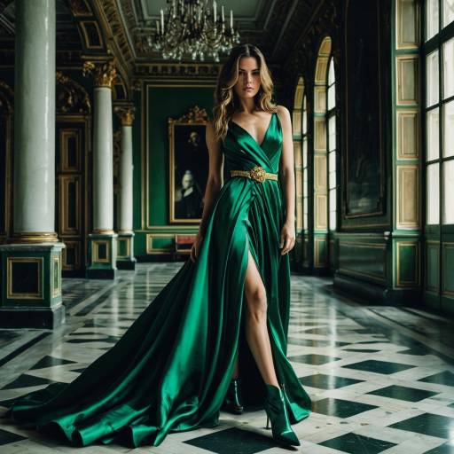 Woman in Emerald Green Silk Gown in Historic Palace