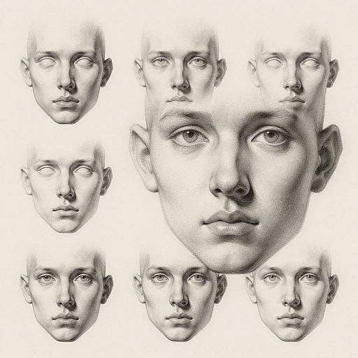 Digital black-and-white drawing of a single realistic male face surrounded by seven identical mirrored faces, showcasing various expressions on a white background.