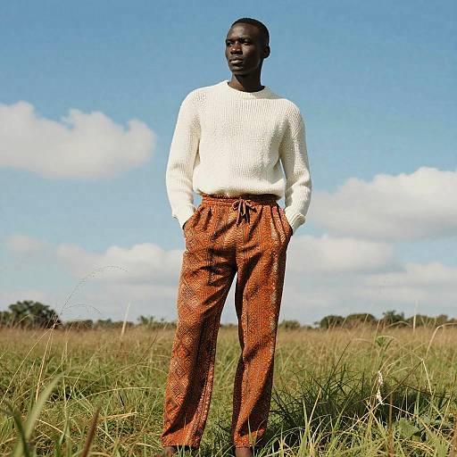 Man in Knit Sweater in Grassy Field