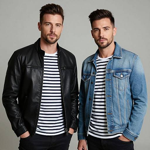 Photograph of two bearded men with short dark hair, wearing black leather and denim jackets over striped shirts, standing against a plain gray background.