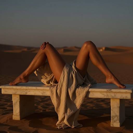 Photograph of a woman with tanned skin, lying on a marble bench in a desert, legs spread, draped in a beige cloth, under a